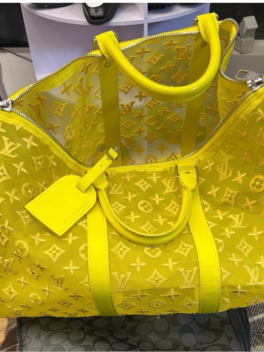 Louis Vuitton Keepall Bandoulière 50 in Neon Yellow Monogram Mesh